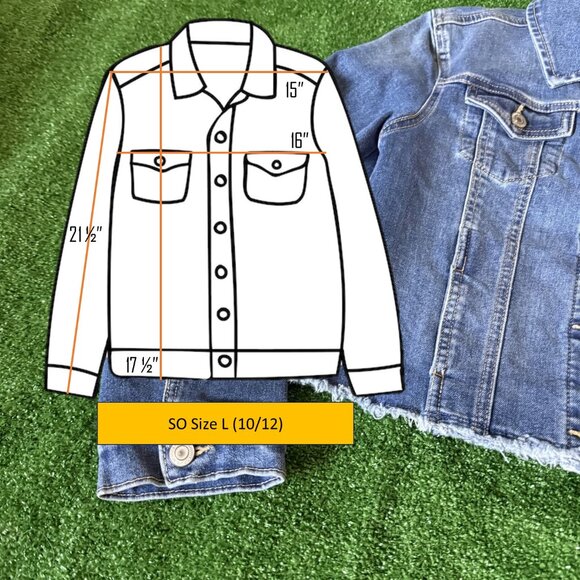 SO Raw Hem Classic Trucker Denim Blue Jeans Timeless Jacket Size L (10/12) - Picture 2 of 12